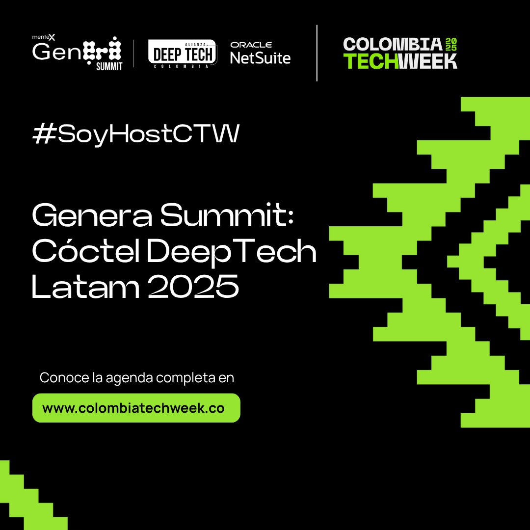 #SoyHostCTW
 Somos host oficiales de Colombia Tech Week 2025, la semana tecnológica más ambiciosa y transformadora en la historia de Latinoamérica. Más de 250 eventos, 350 inversionistas, 100 corporativos y las startups que están redefiniendo industrias enteras en Latinoamérica.