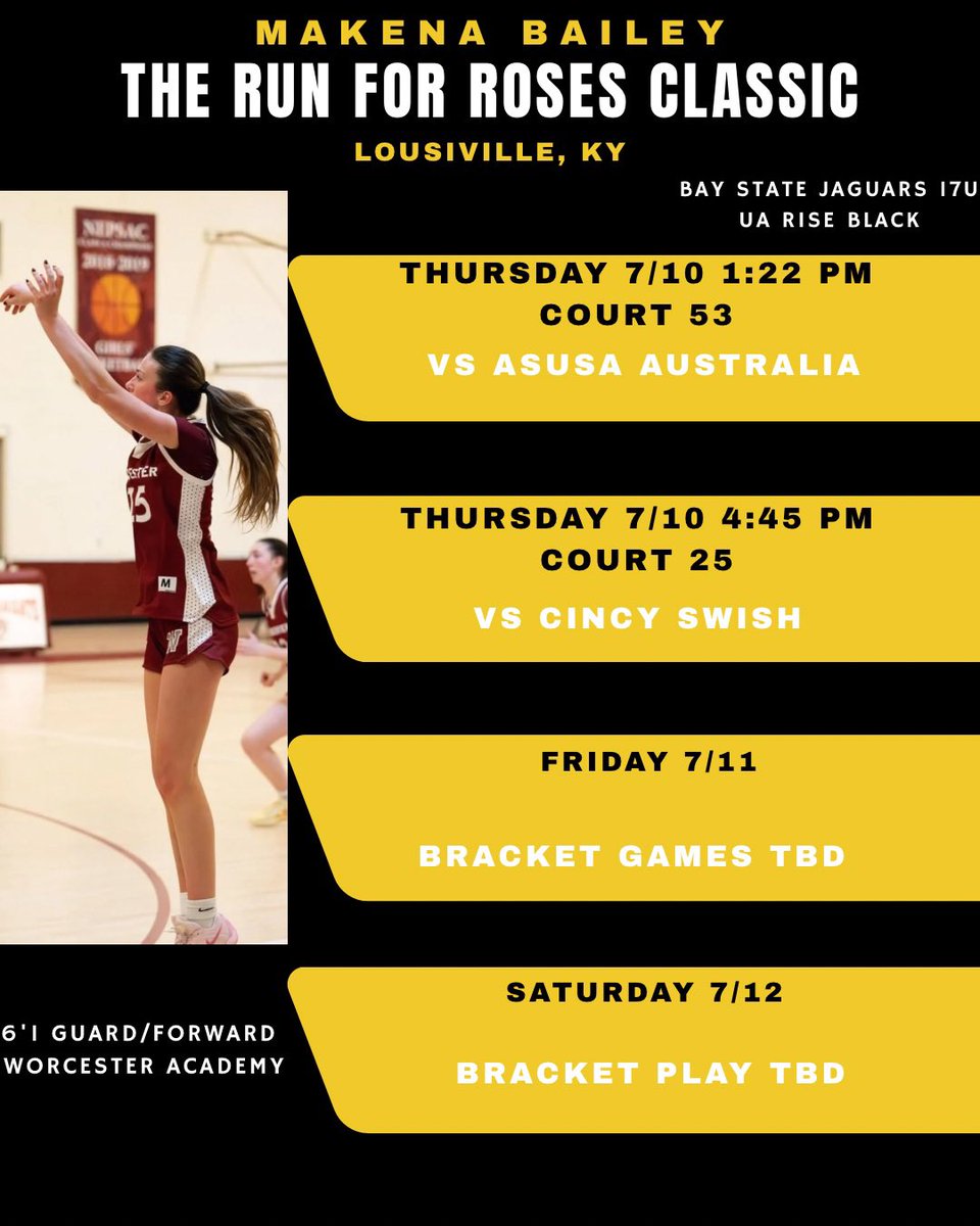 Looking forward to playing with my Jags team in The Run for Roses Classic! Here is my schedule! <a href="/BayStateJags/">Bay State Jaguars</a> <a href="/LaurieBollin/">LAURIE BOLLIN</a> <a href="/mrodrigues423/">Matt Rodrigues</a> <a href="/CoachTyMosley/">Coach Tyreik Mosley</a> <a href="/WorcesterGBB/">Worcester Academy Girls Basketball</a> <a href="/NEPSGBCA/">NEPSGBCA</a> <a href="/nehoopjournal/">New England Basketball Journal</a>
