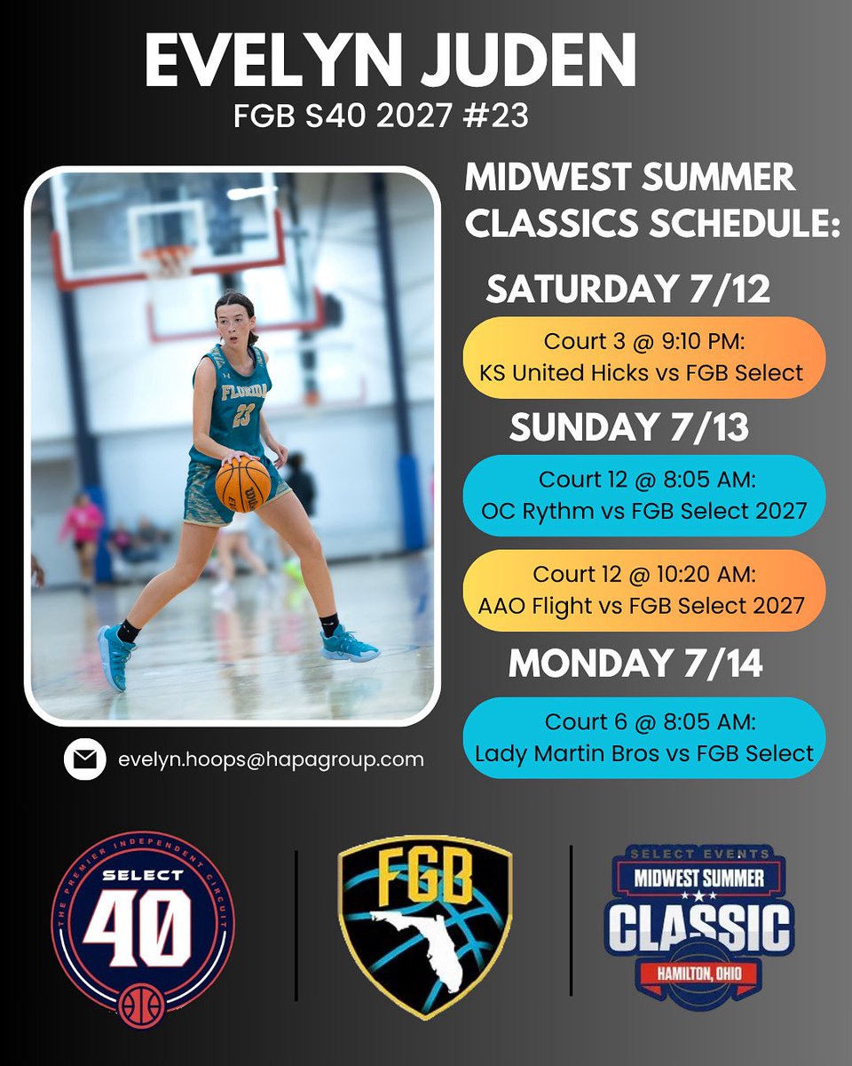 Evelyn Juden Bball (@ejuden_bball) on Twitter photo Come check my <a href="/FGBSelect40/">FGB Select 40</a> teammates and I at the Midwest Summer Classic in Hamilton, Ohio! Come check us out! <a href="/FGBvsEveryone/">@FGBvsEveryone</a>
<a href="/SelectEventsBB/">Select Events Basketball</a> <a href="/JrAllStarBB/">Jr. All-Star Girls Basketball</a> <a href="/JrAllStarFla/">Florida Jr. All-Star GBB</a> <a href="/SELECT_40/">SELECT 40 Circuit</a> Come check my <a href="/FGBSelect40/">FGB Select 40</a> teammates and I at the Midwest Summer Classic in Hamilton, Ohio! Come check us out! <a href="/FGBvsEveryone/">@FGBvsEveryone</a>
<a href="/SelectEventsBB/">Select Events Basketball</a> <a href="/JrAllStarBB/">Jr. All-Star Girls Basketball</a> <a href="/JrAllStarFla/">Florida Jr. All-Star GBB</a> <a href="/SELECT_40/">SELECT 40 Circuit</a>