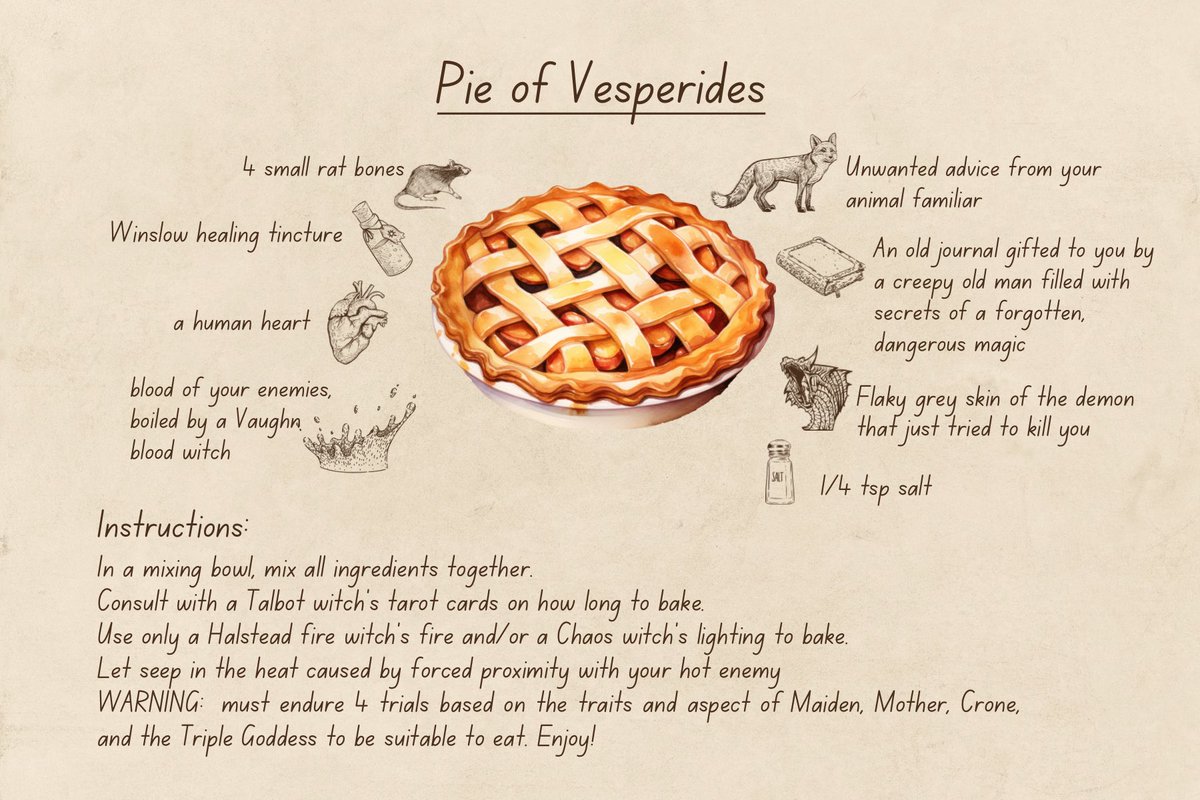 So you want a taste of Vesperides at home? Sure thing! Follow this easy recipe full of things found in HEIR OF VESPERIDES for a delicious pie! 

PRO TIP: bake in a gothic castle for the full effect

P.S. this recipe is not vegan

#UnhingedPit #Q #F #R #amquerying