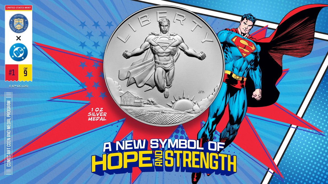 usmint's tweet image. The new #ComicArt Coin & Medal series from the #USMint celebrates the values that define America–starting with #Superman🦸💥 Subscribe now to secure🔒the 1 oz silver medal version of all future #DCOfficial Super Heroes featured in this multi-year series. bit.ly/4nosu5j