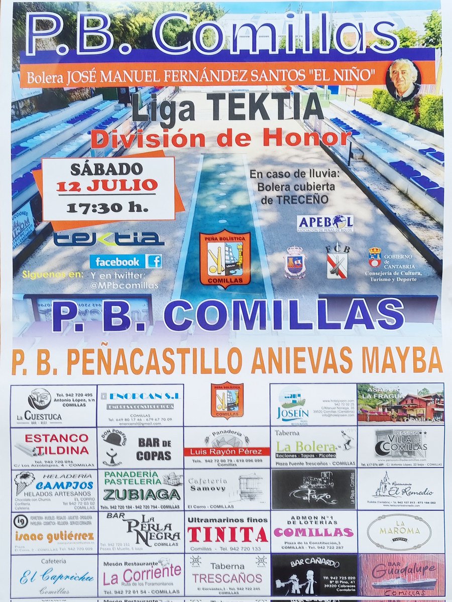 Liga Tektia División de Honor en Comillas. 
Sábado 12 julio . 17:30 h.
PB Comillas 
PB Peñacastillo Anievas Mayba 
#peñabolisticacomillas #Apebol #bolopalma #Comillas