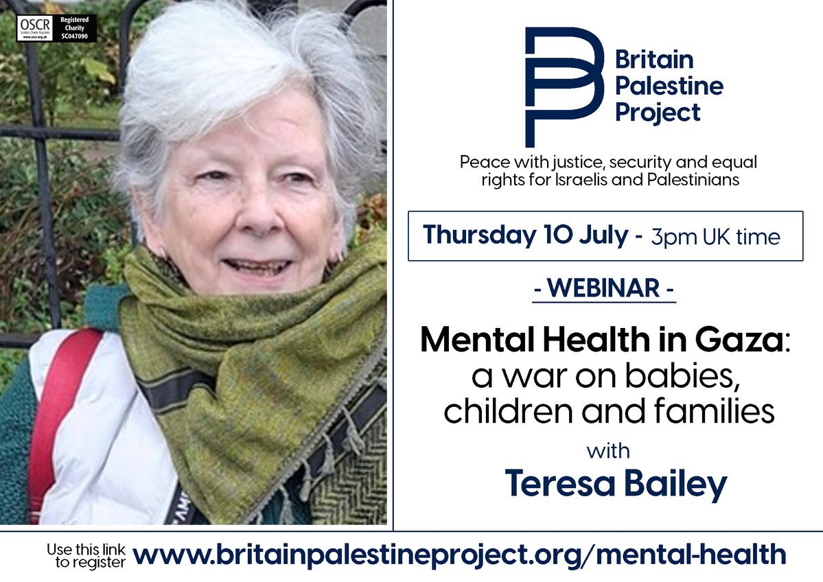 BritPalProject's tweet image. 📢 TOMORROW: Don’t miss our webinar with child psychotherapist Teresa Bailey on the war being waged on Gaza’s children’s minds.
🗓 Thurs 10 July | ⏰ 3pm UK
💻 Free – link in bio or britainpalestineproject.org/mental-health
#GazaCrisis #ProtectPalestinianChildren #MentalHealthMatters