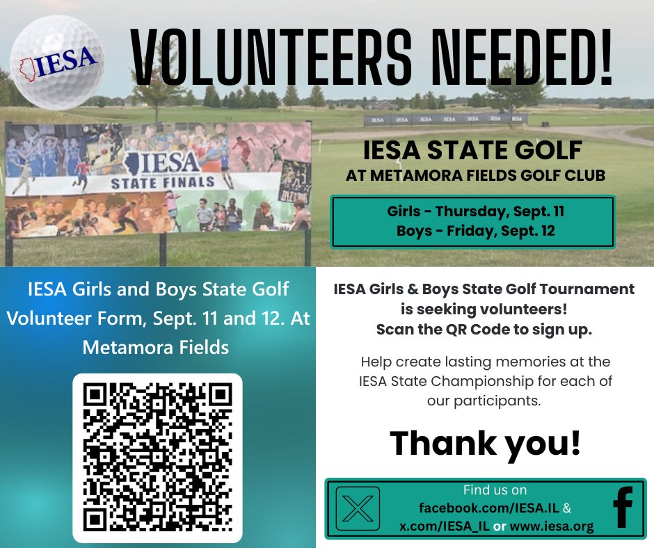 ⛳ IESA State Golf will be here before we know it!⛳

We're looking for volunteers to help make this year's state tournament a memorable experience for our incredible middle school athletes. 🙌

📅 Coming this September – scan the QR code to sign up!