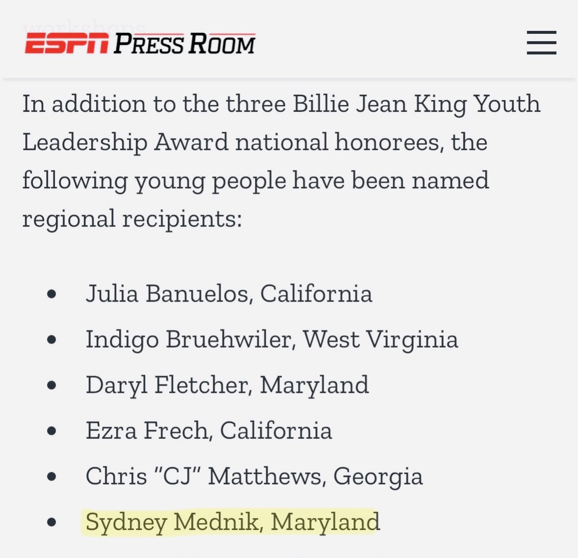 Sydney Mednik (@sydneymednik) on Twitter photo HUGE thank you to @ESPN, <a href="/BJK_Foundation/">Billie Jean King Foundation</a> & <a href="/WeThinkBeyond/">Think Beyond</a> for honoring me with the Billie Jean King Foundation Youth Leadership Award! Using soccer to improve kids’ lives locally & around the world while also promoting environmental sustainability is so meaningful to me! HUGE thank you to @ESPN, <a href="/BJK_Foundation/">Billie Jean King Foundation</a> & <a href="/WeThinkBeyond/">Think Beyond</a> for honoring me with the Billie Jean King Foundation Youth Leadership Award! Using soccer to improve kids’ lives locally & around the world while also promoting environmental sustainability is so meaningful to me!