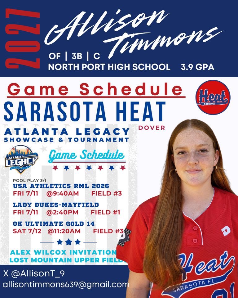 Allison Timmons (@allisont_9) on Twitter photo On the road to the Atlanta Legacy showcase! Go Heat!!! <a href="/SarasotaHeat18U/">Sarasota Heat Dover</a>
<a href="/SoFlaFastpitch/">South Fla Fastpitch Group</a>
<a href="/NP_Recruiting/">National Pros Recruiting</a>
<a href="/IHartFastpitch/">I❤️Fastpitch</a>
<a href="/gatorjack72/">Girls In The Game</a>
<a href="/SoftballDown/">Down South Softball</a>
<a href="/UncommittedUsa/">UncommittedPlayersUSA</a>
<a href="/SUncommitted/">Softball Uncommitted</a>
<a href="/SoftballRecruit/">Softball Recruit 🥎</a>
<a href="/LegacyLegendsS1/">Legacy & Legends Softball</a>
<a href="/ExtraInningSB/">EXTRA INNING SOFTBALL</a>
<a href="/AcesSpotlight/">Student ACES Sports Spotlight</a>
<a href="/SnapMyAd/">🙋🏾♀️🥎</a>
<a href="/SBRRetweets/">Softball Recruiting Reposts</a>
<a href="/TopPreps/">SPORTS NEWS, VIDEOS, GRAPHICS, EXPOSURE & MORE</a> On the road to the Atlanta Legacy showcase! Go Heat!!! <a href="/SarasotaHeat18U/">Sarasota Heat Dover</a>
<a href="/SoFlaFastpitch/">South Fla Fastpitch Group</a>
<a href="/NP_Recruiting/">National Pros Recruiting</a>
<a href="/IHartFastpitch/">I❤️Fastpitch</a>
<a href="/gatorjack72/">Girls In The Game</a>
<a href="/SoftballDown/">Down South Softball</a>
<a href="/UncommittedUsa/">UncommittedPlayersUSA</a>
<a href="/SUncommitted/">Softball Uncommitted</a>
<a href="/SoftballRecruit/">Softball Recruit 🥎</a>
<a href="/LegacyLegendsS1/">Legacy & Legends Softball</a>
<a href="/ExtraInningSB/">EXTRA INNING SOFTBALL</a>
<a href="/AcesSpotlight/">Student ACES Sports Spotlight</a>
<a href="/SnapMyAd/">🙋🏾♀️🥎</a>
<a href="/SBRRetweets/">Softball Recruiting Reposts</a>
<a href="/TopPreps/">SPORTS NEWS, VIDEOS, GRAPHICS, EXPOSURE & MORE</a>
