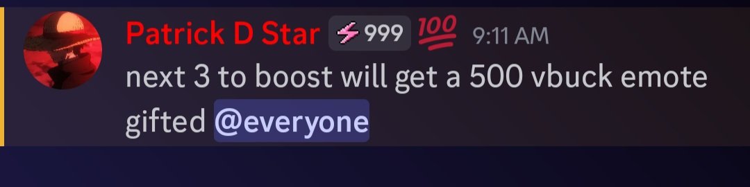 1 claimed 2 left open boost for a 500 vbuck emote

discord.gg/clownscircus