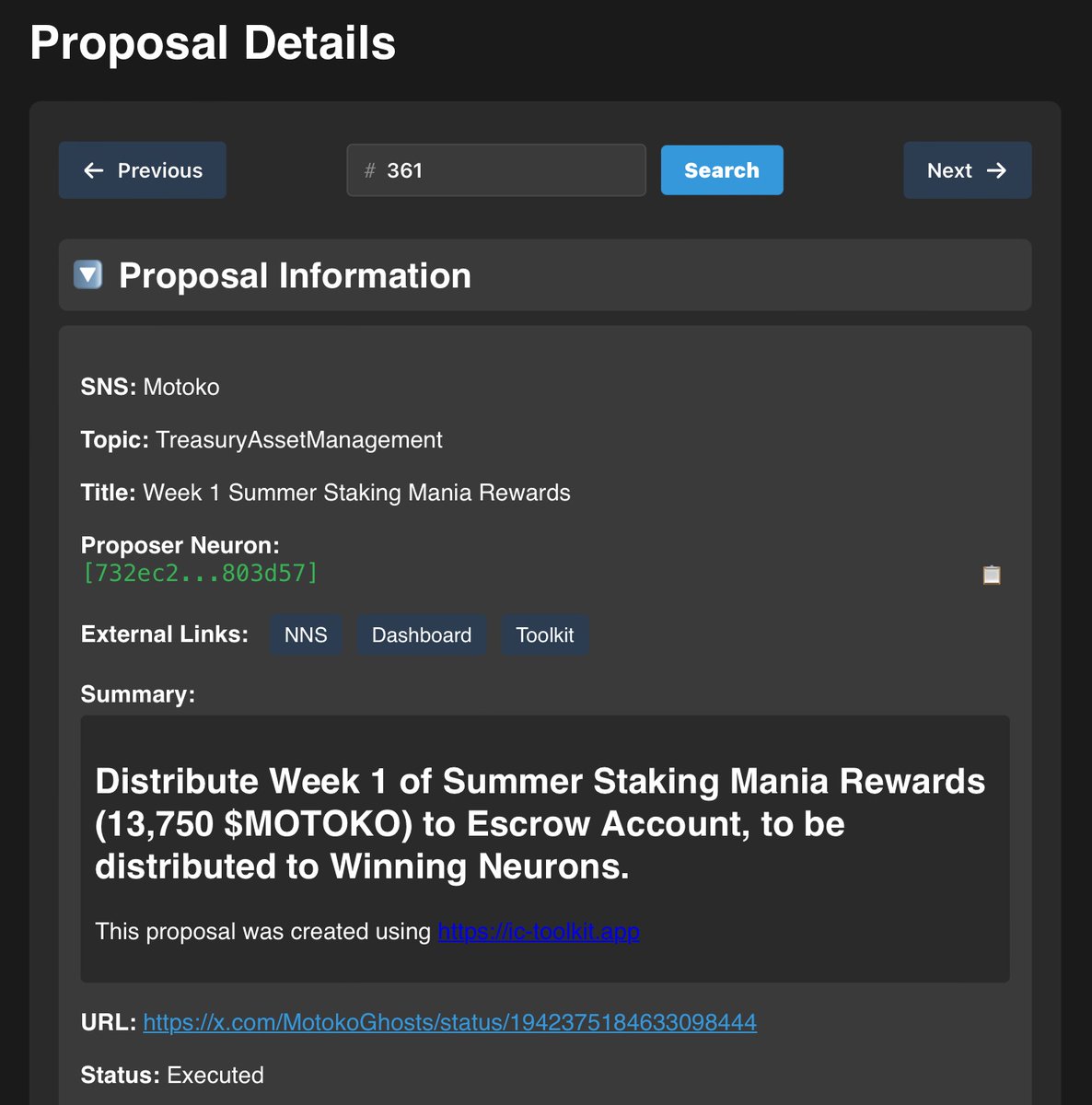 sneed_mr8483's tweet photo. This is slick. If you ever wanted to expand it, https://t.co/TBJbybCHC5 has an api which you can use to hook into the hub, which has named neurons, named principles, DAO aggregation and a built in discussion forum so voters can discuss proposals before they are approved/denied. I believe currently @tacodaoicp is implementing this into their app. MotokoGhosts are welcome to use it to help expand your site and offer full suite named neurons and voting management. 
https://t.co/tcniW9UvMq