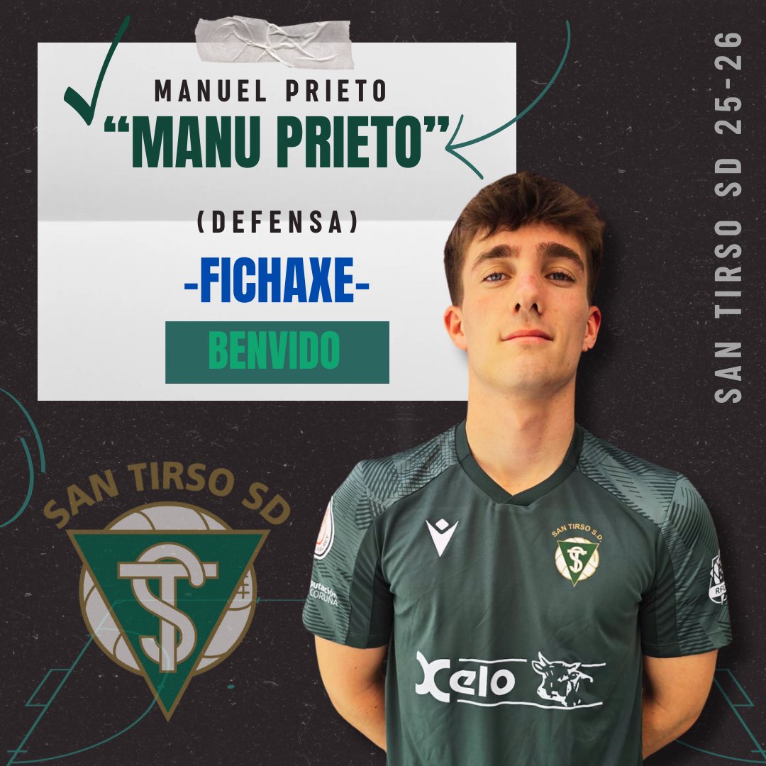 San Tirso S.D. (@santirsosd) on Twitter photo PRIMEIRO EQUIPO | 25/26
✅ ✍🏻 FICHAXE‼️
O defensa Manuel Prieto “Manu Prieto” incorporase a plantilla do Primeiro Equipo para a tempada 25-26.
O xogador procede do <a href="/SigueiroXOroso/">Sigüeiro FC - ED Xuventude de Oroso</a>
🤝Benvido Manu!!!
#unsentimentoquelatexadende1940 PRIMEIRO EQUIPO | 25/26
✅ ✍🏻 FICHAXE‼️
O defensa Manuel Prieto “Manu Prieto” incorporase a plantilla do Primeiro Equipo para a tempada 25-26.
O xogador procede do <a href="/SigueiroXOroso/">Sigüeiro FC - ED Xuventude de Oroso</a>
🤝Benvido Manu!!!
#unsentimentoquelatexadende1940
