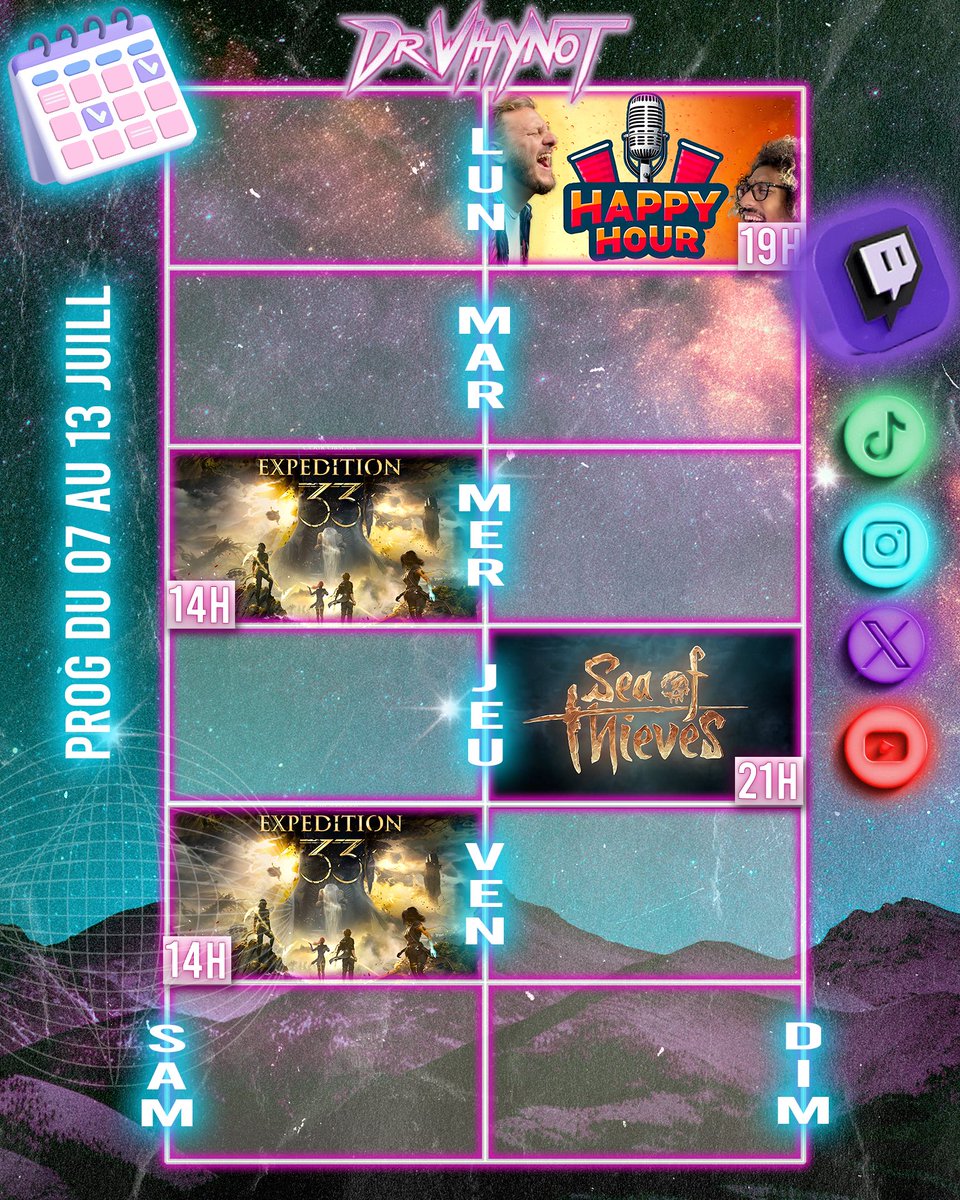 Dr_Why_Not's tweet image. PLANNING LIVE DE LA SEMAINE
Bien retard mais bien là
Lundi on a enfin repris Happy Hours dans notre nouveau décor
Mercredi et vendredi on retourne sur #ClairObscurExpedition33
Jeudi session Sea of Thieves avec Dim et Stormy