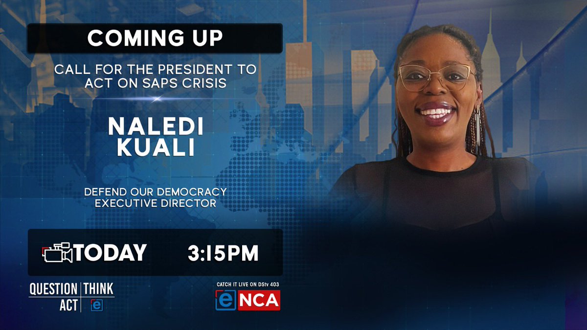 Catch our Executive Director, Naledi Kuali, today on <a href="/eNCA/">eNCA</a> as she unpacks Defend Our Democracy’s call for the President to act on the SAPS crisis. Don’t miss it. 🇿🇦 #DefendOurDemocracy #eNCA #SAPS