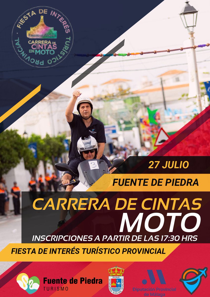 diputacionMLG's tweet image. 🏍️🏁#FuenteDePiedra celebra una nueva edición de su peculiar #Carrera de Cintas en #Moto.

📌Tendrá lugar el último día de la feria, que se celebra del 24 al 27 de julio.

🔗lc.cx/YB6LYL

#SingularidadTurística