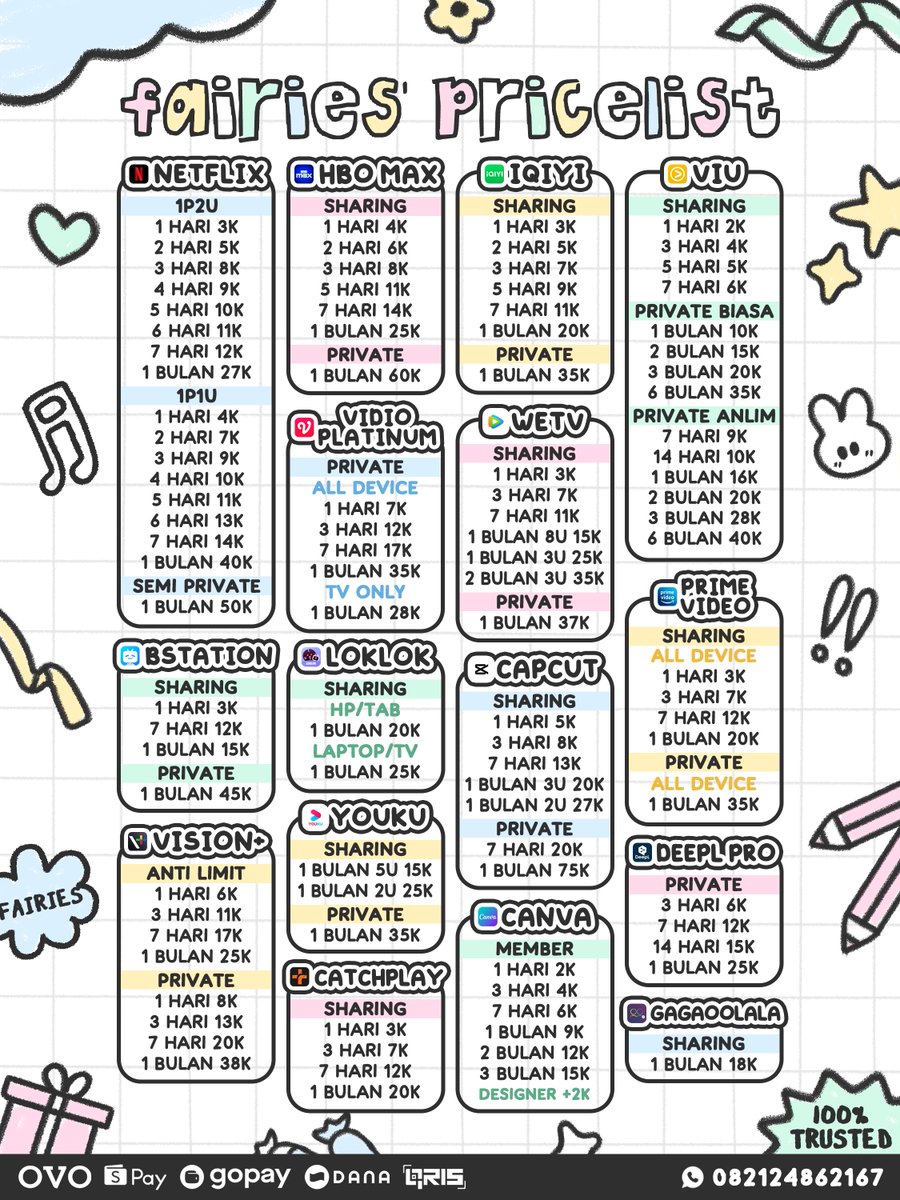 wts jual sewa langganan akun aplikasi premium sharing private murah legal bergaransi terpercaya

hbo go max iqiyi viu vidio platinum wetv amazon prime video bstation bilibili loklok capcut vision youku vip canva pro catchplay gagaoolala

💌order ke wa : bit.ly/wa-fairiesstore