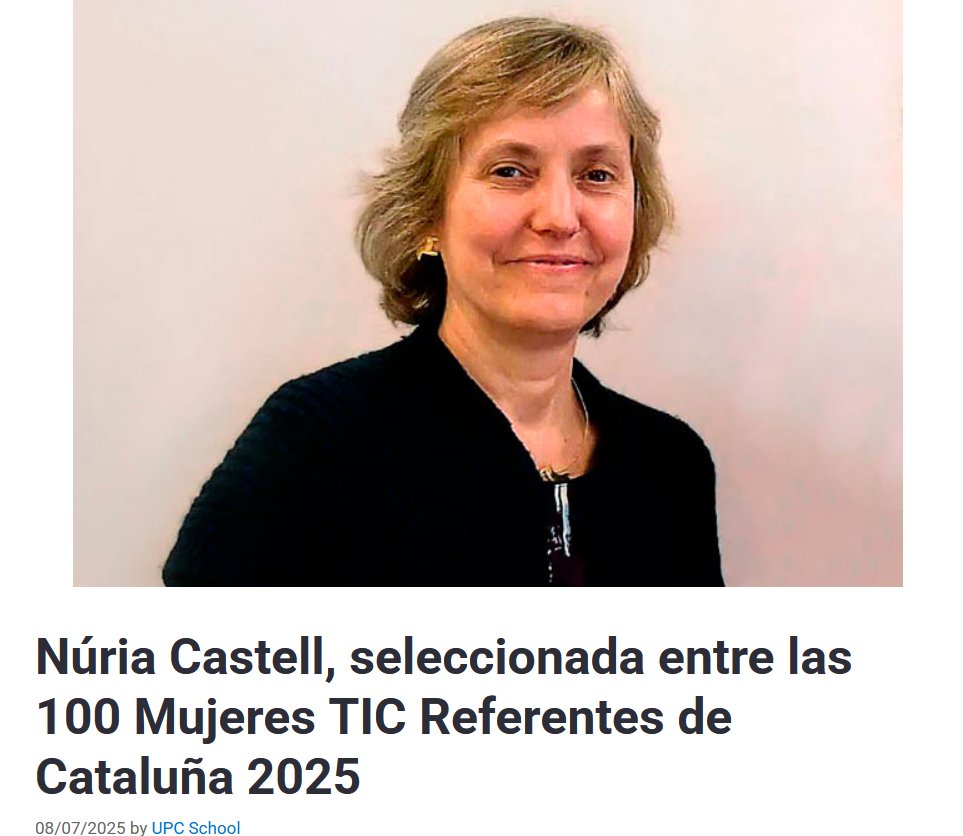 L'enhorabona Núria Castell! Una nova distinció per reconèixer la trajectòria professional d'una gran referent, una de les dones pioneres en informàtica a Catalunya i Espanya.
#DonesReferents #DonesTic #lideratge #talent
talent.upc.edu/blog/nuria-cas…