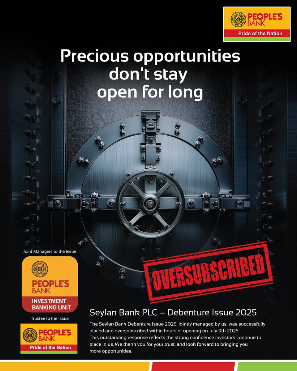 Oversubscribed in hours! A proud moment for People’s Bank as joint managers of the Seylan Bank Debenture Issue 2025. Thank you for your trust.

#PeoplesBank #PrideOfTheNation