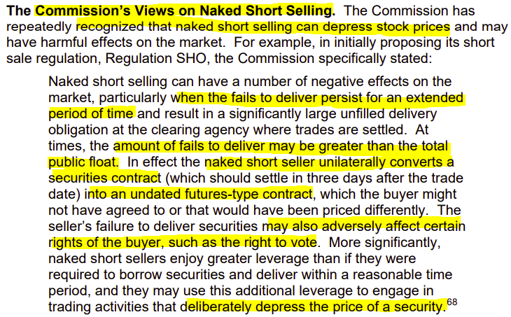 GandalfWizz's tweet image. #MMTLP $MMTLP But but but naked shorting does not exist 🤡 

&quot;The Commission has repeatedly recognized that naked short selling can depress stock prices&quot;

The SEC even goes as far as to say there are cases where the FTDs are greater than the public float.