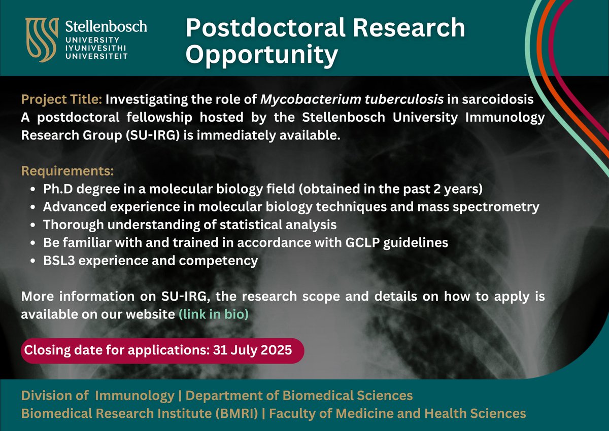 🚨 #PostdocOpportunity 🚨

The SU #ImmunologyResearch Group is inviting applications for a #postdoctoralfellowship focused on investigating the role of M.tb in #sarcoidosis 🫁 

🗓 Applications close: 31 July 2025
📲 For more info &amp; to apply, visit the link in our bio