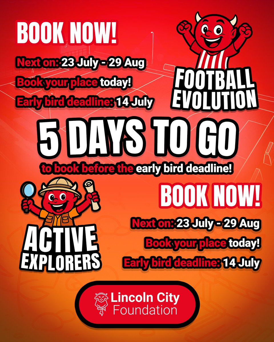 ⏰ Only 5 days left until our early bird deadline!

📅 23 July – 29 August

🎟 Don’t miss out – save your spot today!

🔗 Book Active Explorers: theredimps.net/summeractiveex…

🔗 Book Football Evolution: theredimps.net/summerfootball…