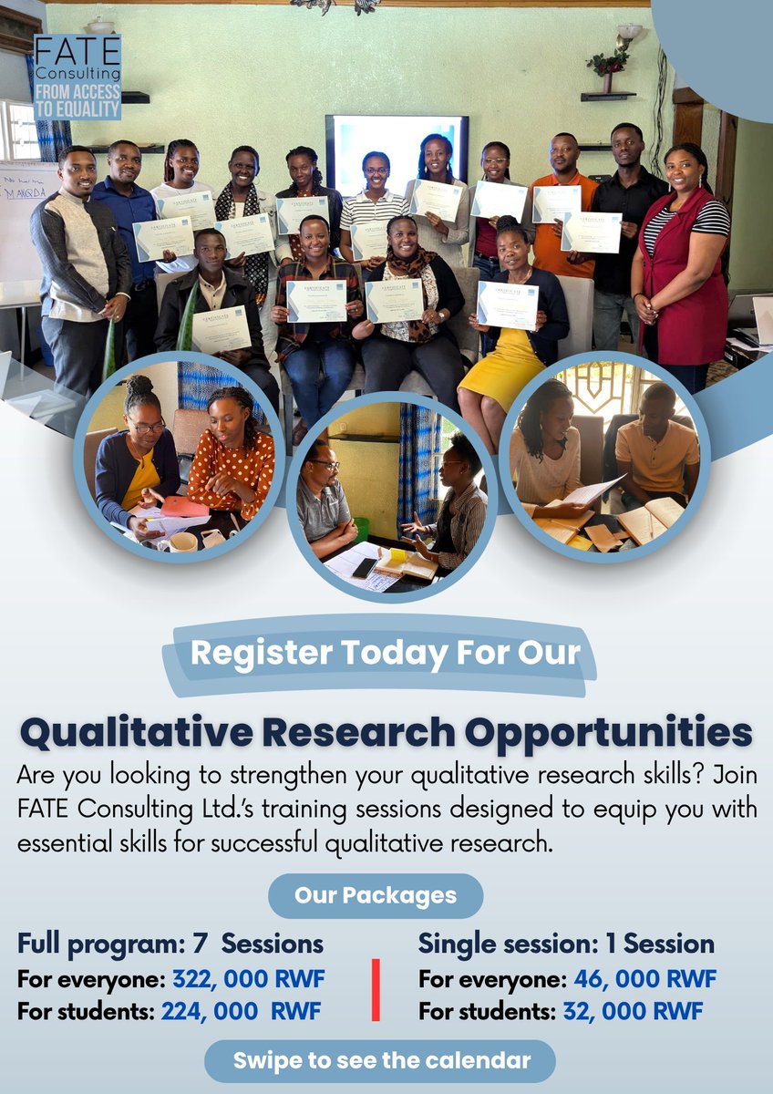 FateConsulting's tweet photo. 🌟 𝐄𝐱𝐜𝐢𝐭𝐢𝐧𝐠 𝐍𝐞𝐰𝐬 𝐟𝐫𝐨𝐦 𝐅𝐀𝐓𝐄!🌟
We’re thrilled to announce new opportunities for Qualitative Research Training!📊 Enhance your research skills and deepen your knowledge through our engaging and practical training sessions. Register here: https://t.co/g7RWFGZxQD https://t.co/VXsEhAt3wY