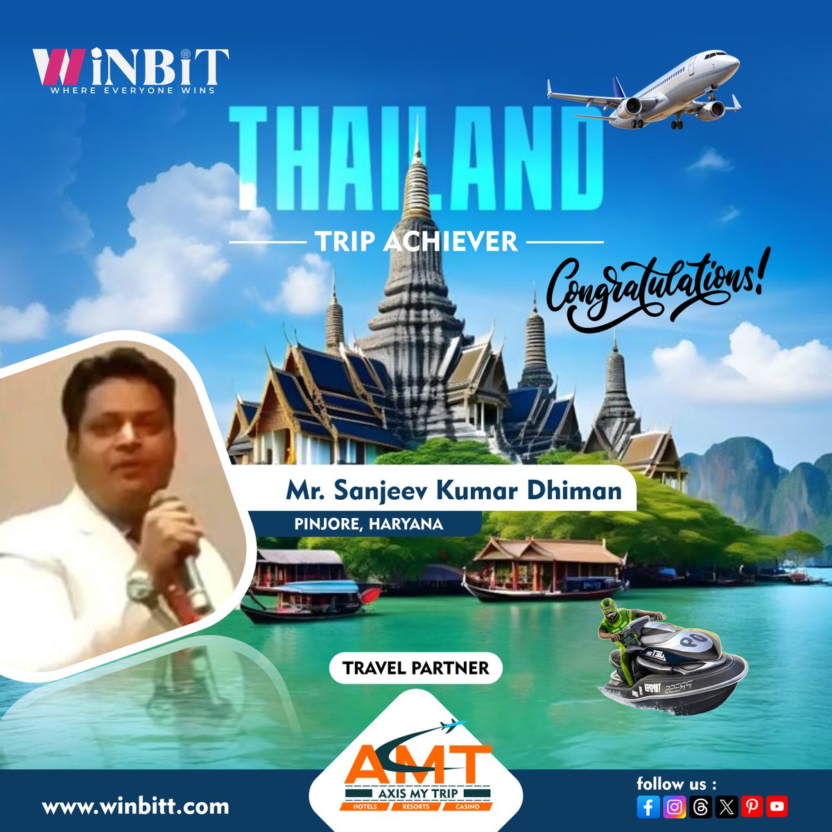 WinBitFintech's tweet photo. 🌟✈️ Congratulations to Mr. Sanjeev Kumar Dhiman from Pinjore, Haryana!
Your dedication has taken you to the Land of Smiles – Thailand 🇹🇭
🌐 Visit: https://t.co/KkRZ37NHkq
#ThailandTripAchiever #WinbitSuccess #SanjeevKumarDhiman #PinjorePride #TravelWithWinbit #WinbitChampions https://t.co/3sz8fD0Lb2