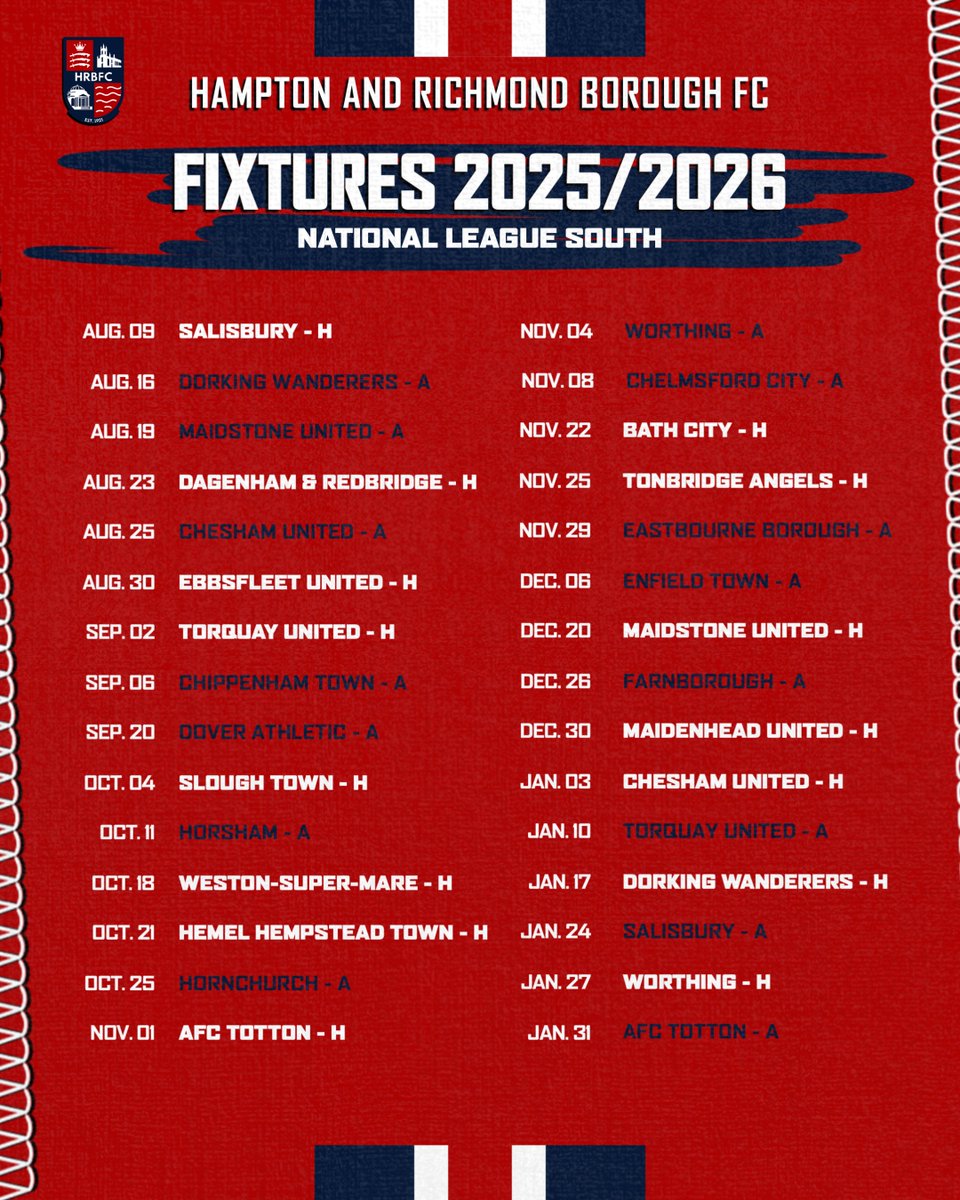 HAMRICHFC's tweet image. 📅 The fixtures are out! We kick off the new season at home against Salisbury on 9th August.
An exciting start awaits with clashes against Dorking, Maidstone, Dagenham & Redbridge, and Ebbsfleet all in the first month.
Let the countdown begin! ⚽️