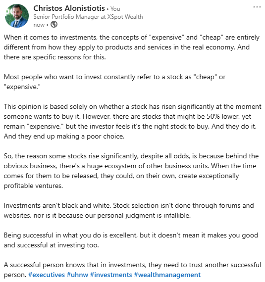 alonistiotis's tweet photo. When it comes to investments, the concepts of "cheap" and "expensive" are entirely different than real economy. #investing #stocks #WealthManagement https://t.co/GGmoqZ0RSv