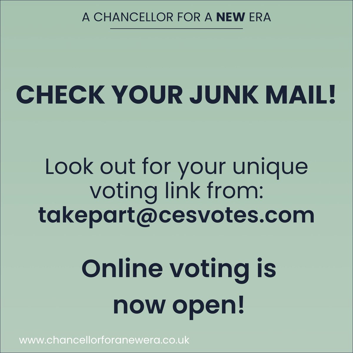 A quick heads up, if I may, for those voting online for the next Chancellor of the University of Cambridge:
We're hearing that many voters are finding their voting link in their spam/junk folder.
If you've registered to vote online and can't find the email in your primary inbox,