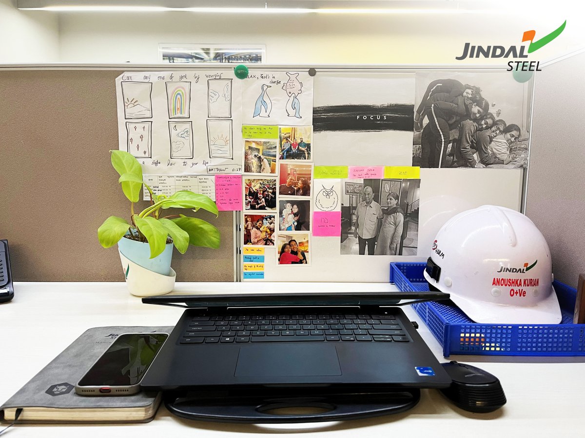 JindalSteel_In's tweet photo. In this edition of #DeskStories, we find inspiration at Anoushka Kurian’s desk, a space that reflects who she is. From her safety helmet to a growing reading list, every object grounds her journey in the fast-paced #LifeAtJindal. https://t.co/6GoO0oI7iG