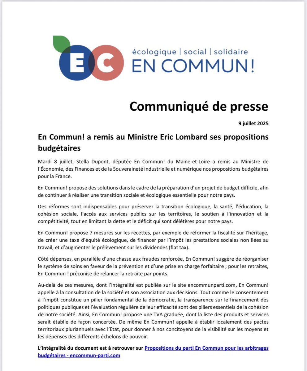 En Commun ! (@encommun_parti) on Twitter photo Notre députée <a href="/stelladupont/">Stella DUPONT</a> a remis au Minsitre <a href="/Eric_R_Lombard/">Eric Lombard</a> les propositions budgétaires d’En Commun! pour la France afin de préserver la transition écologique, la santé, l’éducation, la cohésion sociale, l’innovation… tout en limitant la dette délétère pour notre pays. Notre députée <a href="/stelladupont/">Stella DUPONT</a> a remis au Minsitre <a href="/Eric_R_Lombard/">Eric Lombard</a> les propositions budgétaires d’En Commun! pour la France afin de préserver la transition écologique, la santé, l’éducation, la cohésion sociale, l’innovation… tout en limitant la dette délétère pour notre pays.