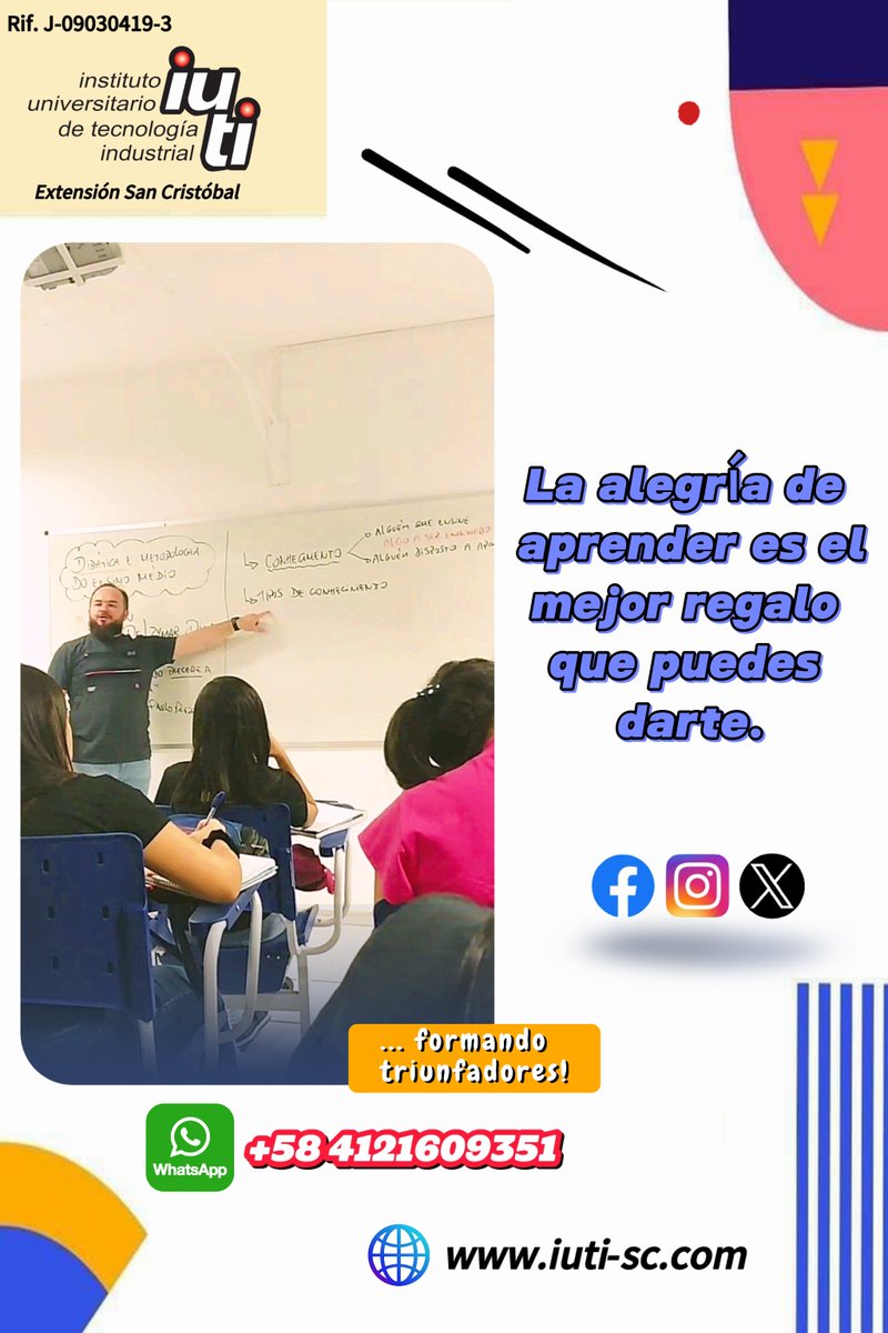 iuti_sc's tweet photo. #iutisancristobal #mensajespositivos 👍
✅#EducacionDeCalidad 
📲Contacto (WhatsApp solo mensajes): +58 4121609351.
☎️Número fijo (0276) 356.96.83 de lunes a viernes de 2 a 6 p.m.
... formando triunfadores❗️ 🎓 https://t.co/EV7Whgn4z8