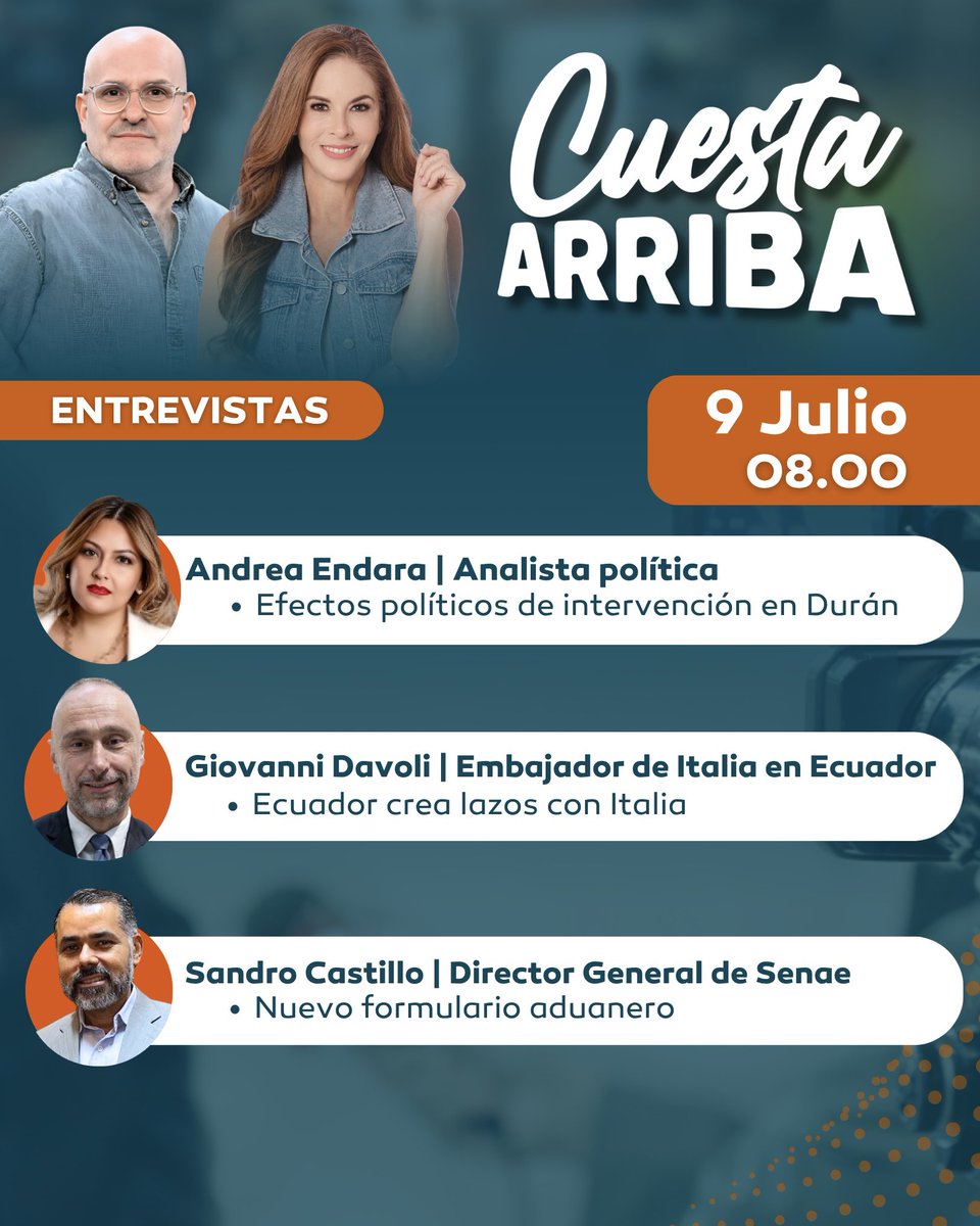 AsíAmaneció (@asiamanecio) on Twitter photo 🔴 HOY en Cuesta Arriba:
📌 <a href="/andyendara/">Andrea Endara</a> sobre la intervención en Durán
📌 <a href="/ItalyinEcuador/">Italy in Ecuador</a> sobre el fortalecimiento de relaciones con Italia
📌 <a href="/SCastilloM_EC/">Sandro Castillo Merizalde</a> explica el nuevo formulario aduanero
🕗 09 de julio – 08h00 EN VIVO
Con <a href="/mmcuesta/">Ma. Mercedes Cuesta🇪🇨</a> y @ghidalgodl
#AltavozEc #CuestaArriba 🔴 HOY en Cuesta Arriba:
📌 <a href="/andyendara/">Andrea Endara</a> sobre la intervención en Durán
📌 <a href="/ItalyinEcuador/">Italy in Ecuador</a> sobre el fortalecimiento de relaciones con Italia
📌 <a href="/SCastilloM_EC/">Sandro Castillo Merizalde</a> explica el nuevo formulario aduanero
🕗 09 de julio – 08h00 EN VIVO
Con <a href="/mmcuesta/">Ma. Mercedes Cuesta🇪🇨</a> y @ghidalgodl
#AltavozEc #CuestaArriba