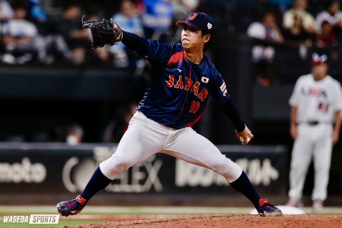 ７回に登板した #宮城誇南（スポ３＝埼玉・浦和学院）が、３者連続三振と圧巻の投球🔥

MLBドラフト全体１位候補・チョロウスキーも空振り三振に仕留めました👏

#sousupobaseball #waseda #早稲田 #日米野球