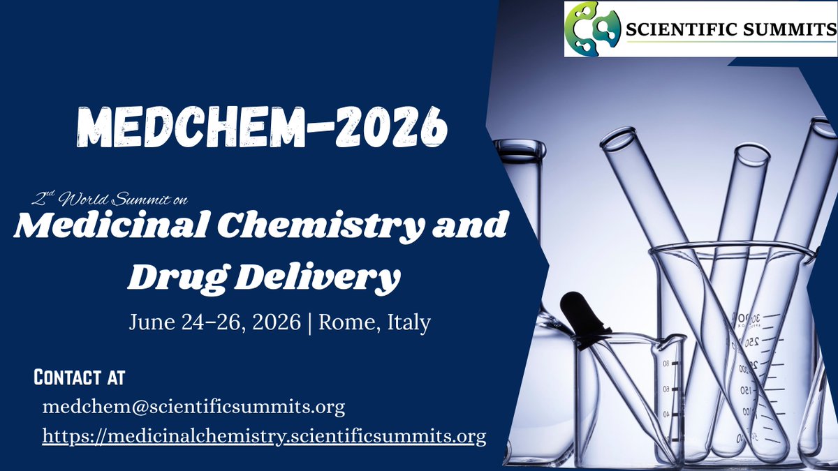 Join us for the 2nd World Summit on Medicinal Chemistry and Drug Delivery🧪🌍
📅June 24–26, 2026📍Rome, Italy
Explore cutting-edge research &amp; global collaboration!
#MedChem2026 #DrugDiscovery #PharmaResearch #MedicinalChemistry #DrugDelivery #Pharmaceuticals #pharmacy