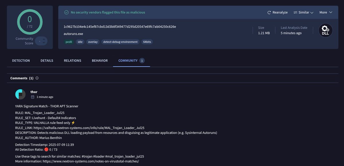 marius_benthin's tweet image. A trojanized Autoruns DLL loading shellcode from its .data section. Currently, only @thor_scanner detects it on VirusTotal.

virustotal.com/gui/file/1c962…

#shellcode #peb @nextronresearch