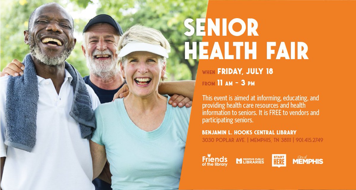 CityofMem_Media's tweet image. Media Advisory:
The Senior Health Fair returns to Memphis Public Libraries!
Your golden years can come with health concerns... this is YOUR chance to connect with DOZENS of vendors offering a wide range of FREE healthcare resources and screenings just for seniors