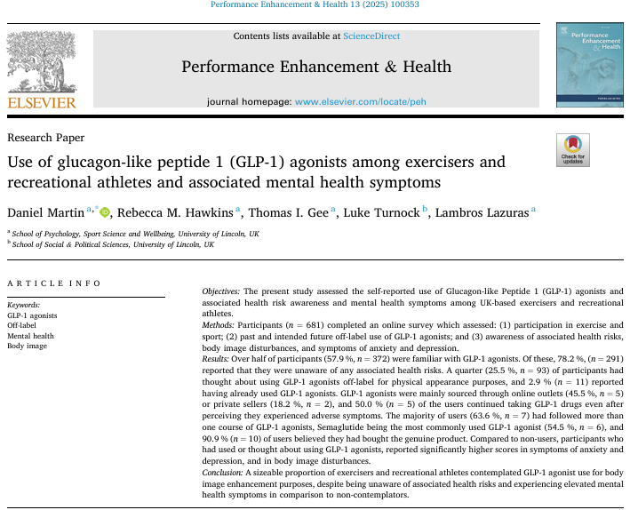 Dr Tom Gee (@drtomgee1) on Twitter photo Our article 'Use of glucagon-like peptide 1 (GLP-1) agonists among exercisers and recreational athletes and associated mental health symptoms' published in Performance Enhancement & Health
<a href="/unilincoln/">University of Lincoln, UK</a> <a href="/UoLCoHS/">UoL College of Health and Science</a>
See link authors.elsevier.com/sd/article/S22… Our article 'Use of glucagon-like peptide 1 (GLP-1) agonists among exercisers and recreational athletes and associated mental health symptoms' published in Performance Enhancement & Health
<a href="/unilincoln/">University of Lincoln, UK</a> <a href="/UoLCoHS/">UoL College of Health and Science</a>
See link authors.elsevier.com/sd/article/S22…