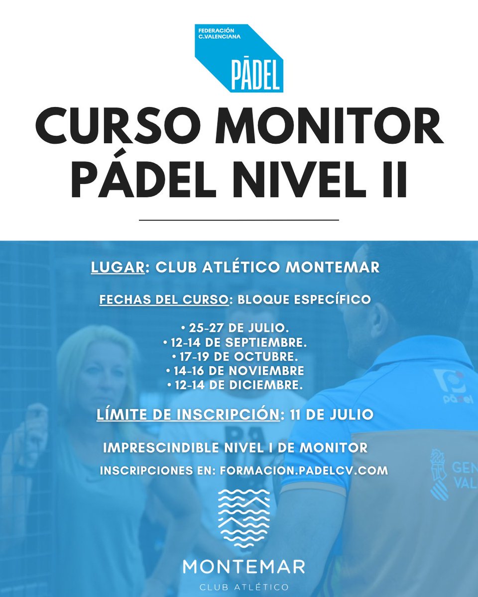 📚 Los mejores profesionales. Las mejores unidades didácticas. Un nivel superior.

👉🏼 CURSO ENTRENADOR DE PÁDEL NIVEL 2

✏️ Cierre matrícula: Viernes 11 

📍 Club Atlético Montemar

👉🏼  Info aquí:  formacion.padelcv.com/curso/https-fo…