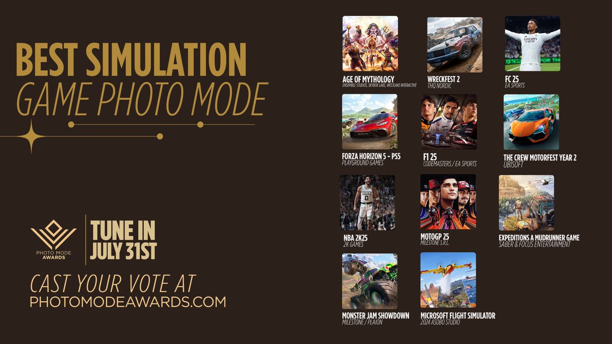 PhotoModeAwards's tweet image. The race is on for Best Photo Mode in a Simulation Game! 🏁📸

From high-speed shots to breathtaking landscapes — which photo mode stood out this year?

Cast your vote before 13th July 👇🏻
photomodeawards.com/people-choice