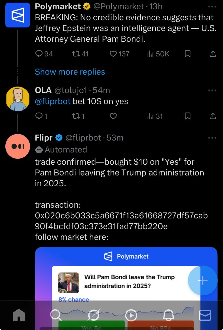 This is pretty cool, and unique UX.

1. Big account posts news/take.
2. User bets.
3. <a href="/fliprbot/">Flipr</a> executes trade and posts txn.

Great work <a href="/fliprintern/">Flipr Intern</a> &amp; team 👏