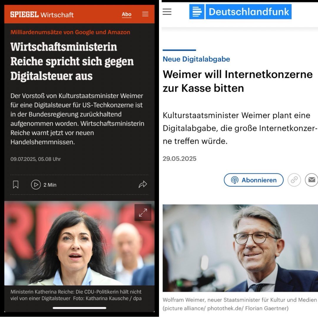 sebastian_es_'s tweet image. Am Koalitionstisch ist sich noch nicht einmal die Union in der zentralen Frage einig, ob die Digitalkonzerne zusätzlich besteuert werden sollten. Da hat Weimer einmal eine gute Idee, dann wird sie ihm gleich aus den eigenen Reihen zerschossen.