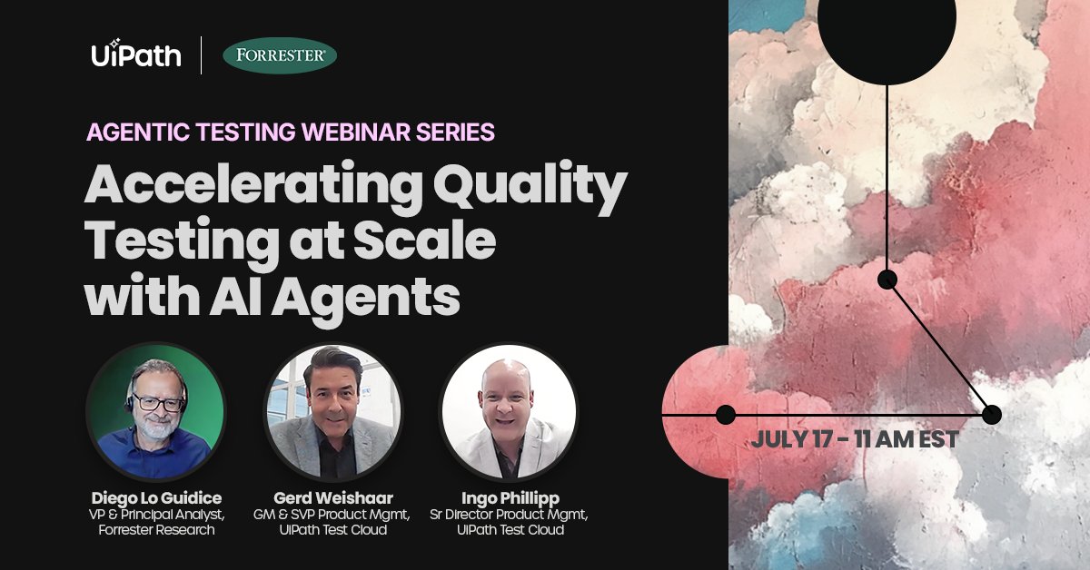 robots4testing's tweet image. Boost testing at scale with AI agents. 🤖 Join @UiPath &amp;amp; @Forrester’s Diego Lo Giudice for a deep dive into #AgenticTesting. Discover how AI agents are autonomously executing complex tasks, from test design to execution &amp;amp; management. RSVP: spr.ly/60164tlUo