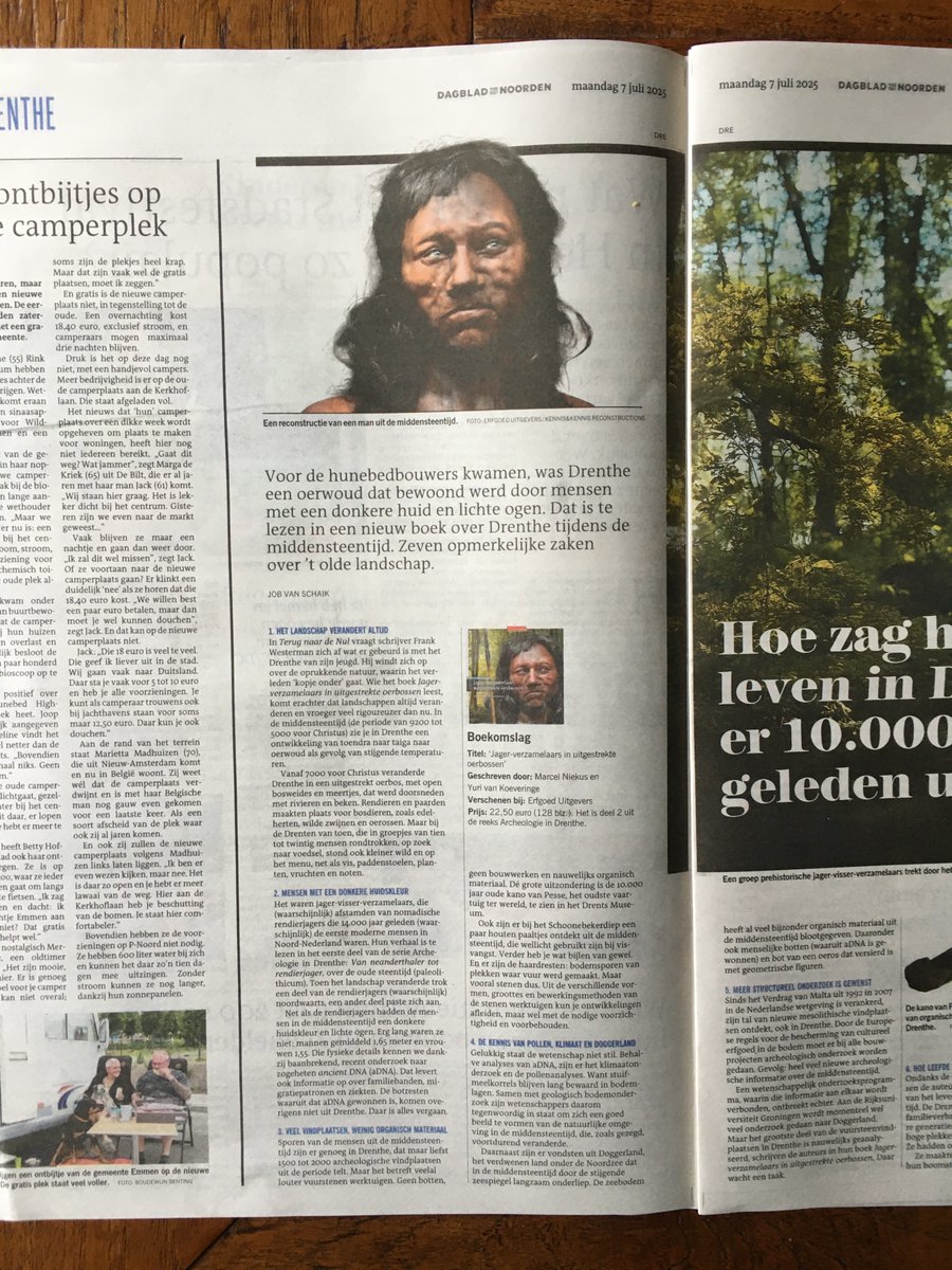 marcel_niekus's tweet image. A few days ago in @dvhn_nl, an article by Job van Schaik on our new book on the #mesolithic in #drenthe, with the oldest dug-out canoe (#pesse) in the world, the reco of #Cheddar man on the cover and an AI image of hunter-gatherers. Very pleased with the result!