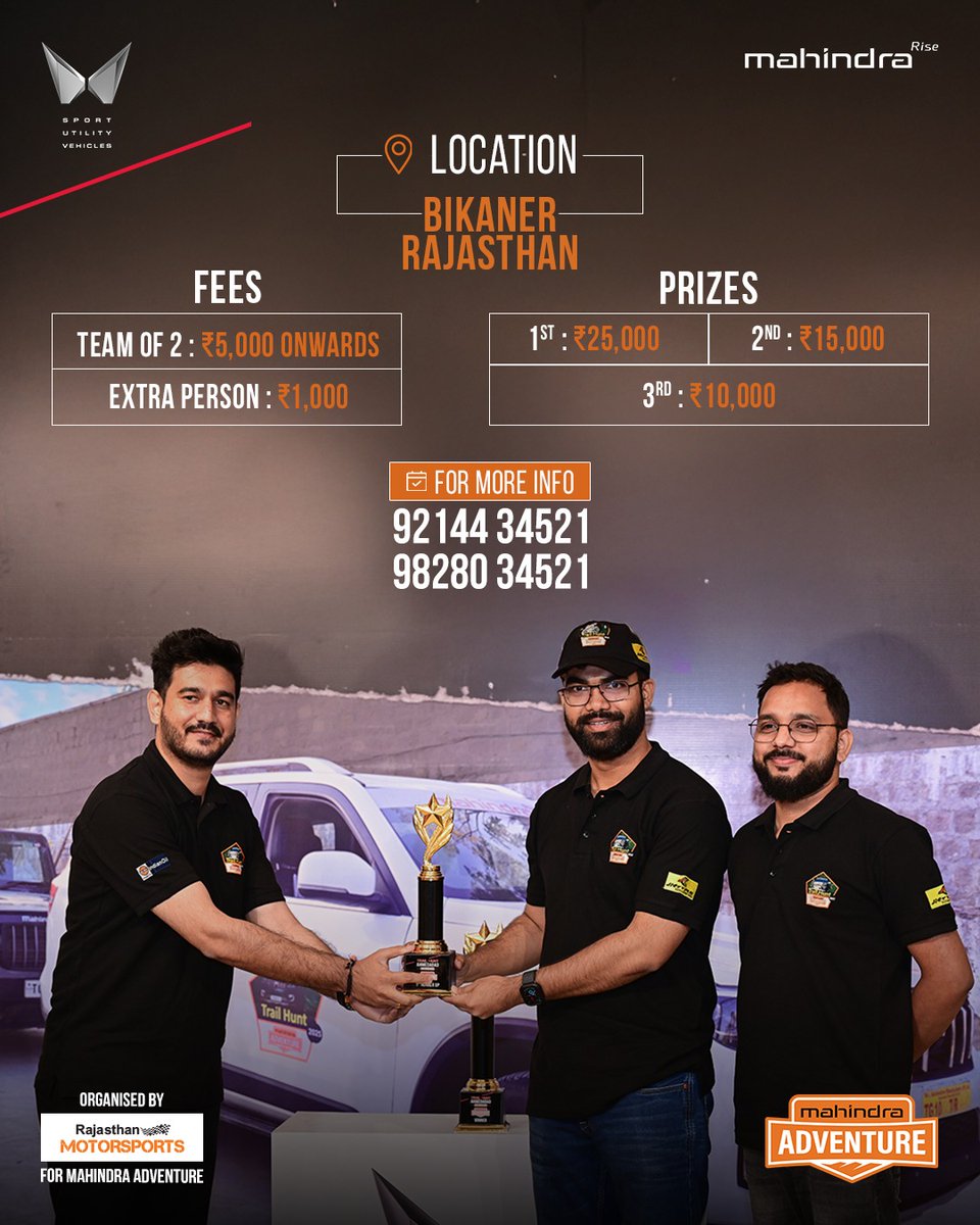 Bikaner, brace yourselves!
We are bringing the ultimate trail challenge to you!

🛤️ Mapped Trails
🛤️ Scenic Trails
🌅 Breathtaking Landscapes
✨ Unforgettable Moments

Sign up Now. Link in bio.

#MahindraAdventure #TrailHunt #Bikaner #TrailHuntBikaner