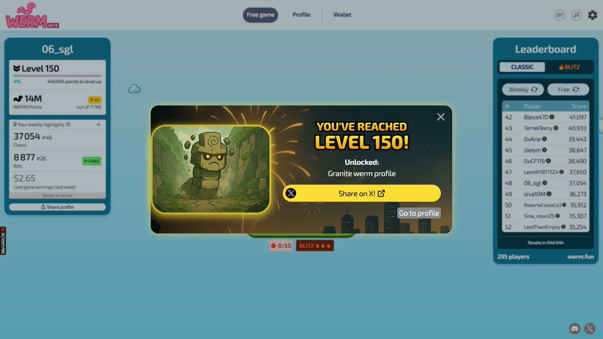 06_sgl's tweet photo. Hooo Yeeaaahhh !!! 🥳🥳🥳🥰 🪱
I'm just reached Level 150 on https://t.co/s0ZHUNszgW / @werm_fun and unlocked the Granite werm profile! 🥰 🪱
Let's Gooo #Wermies !!! 😈
#Wermie follow Wermie 💪🙂
#WermFunOnTop 🪱💚
#GameFree #Web3 #Web3Gaming #Web3Games https://t.co/fVBsI3NduY