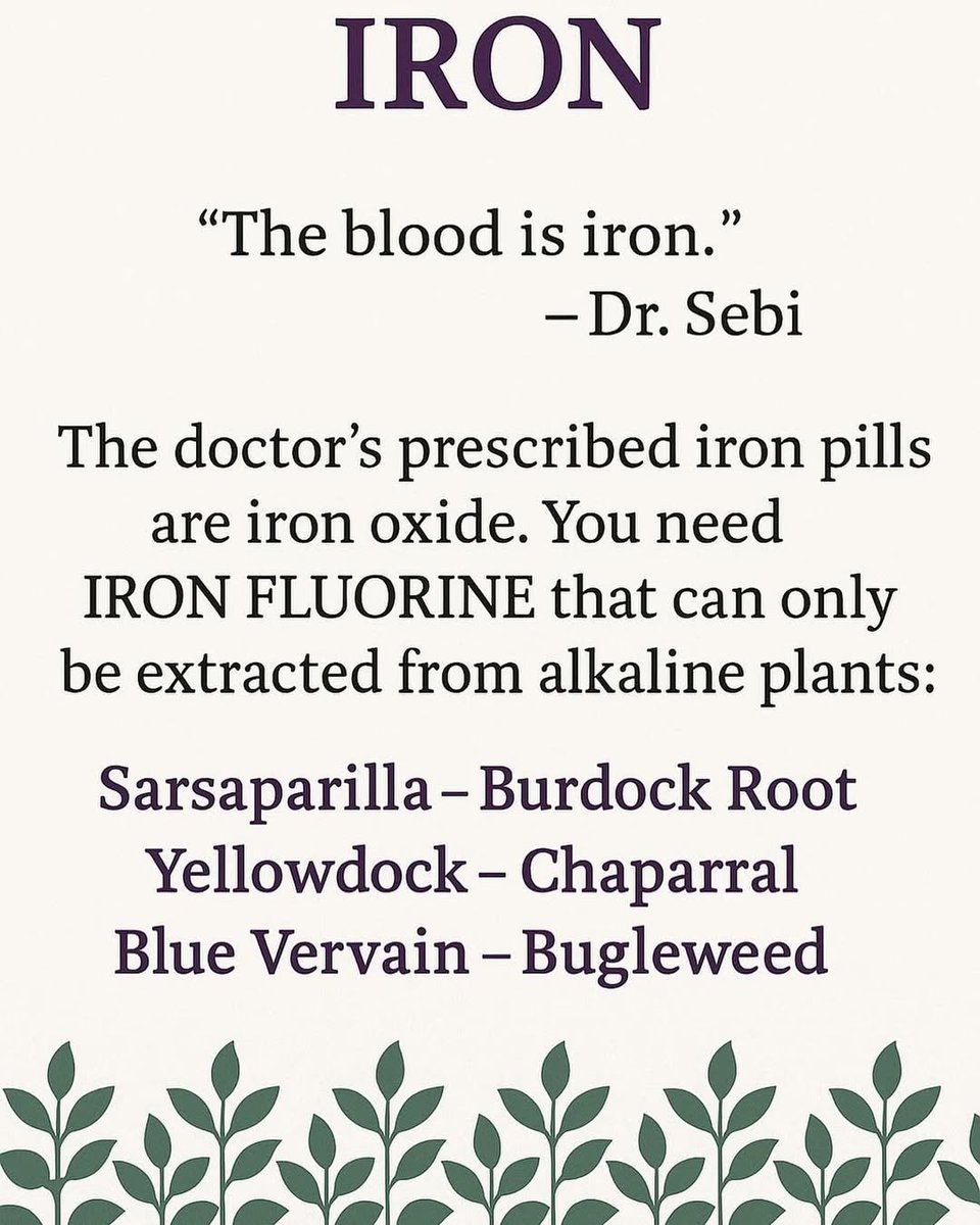 DrSebiSeaMoss's tweet image. Most iron pills on the market are iron oxide — a form your body struggles to absorb and often causes constipation or other side effects.
Dr. Sebi taught that what we really need is iron fluorine — a plant-based form of iron found in nature’s original pharmacy: alkaline herbs.…