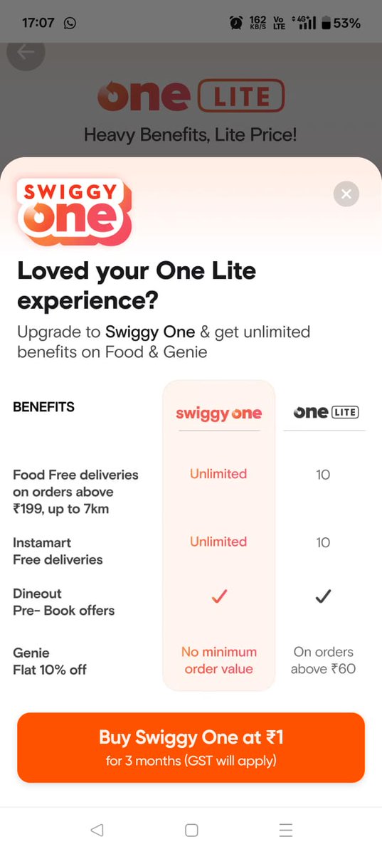 suhagkmaru's tweet photo. Swiggy one rate crash alert!!!

Its available at 1 rupee.

Go and check your account if you are lucky!!!

Also comment what rate you arw getting if you are not getting at 1??

Its interesting that swiggy is pushing this to lure customer.
Main income is other charges.

What say ?? https://t.co/2HEBxCviFE