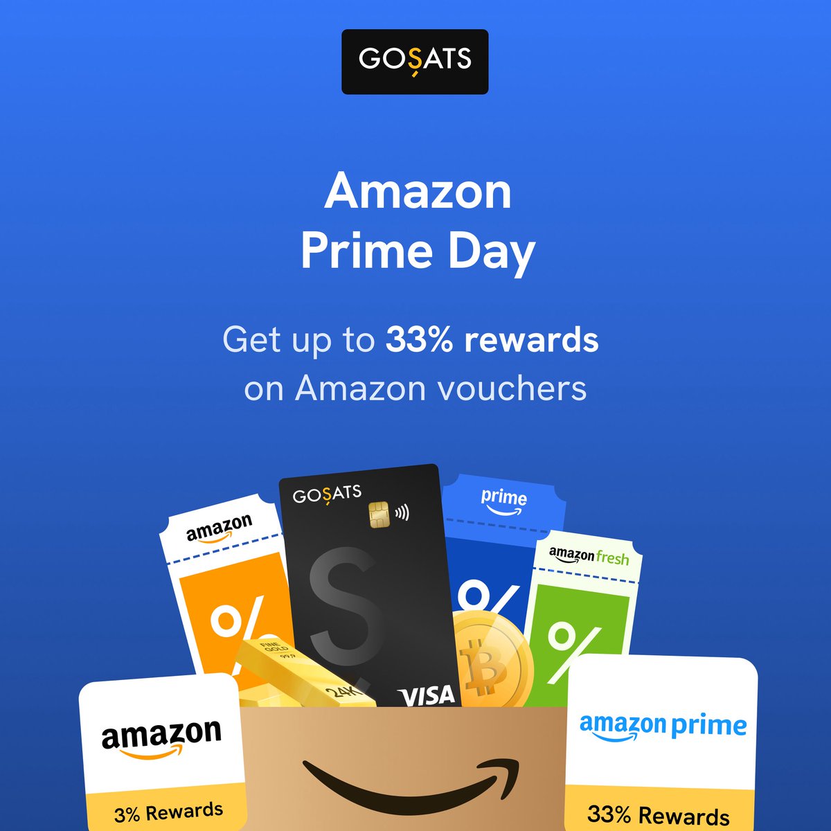 gosatsapp's tweet photo. This Amazon Prime Day, we’re dropping up to 33% in rewards on Amazon vouchers! 🤑 https://t.co/x8Tzx9Uq2q
