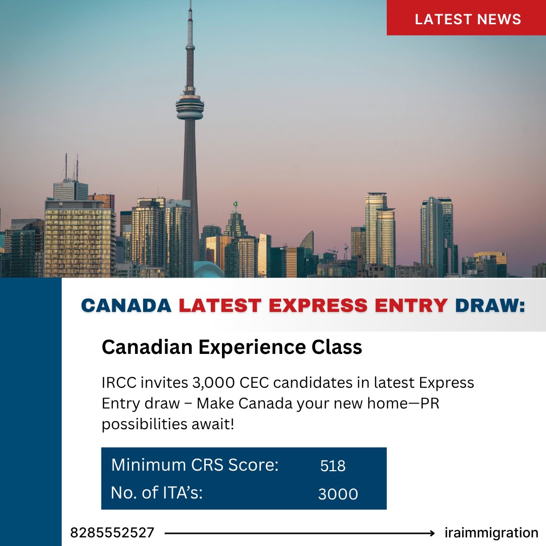IRA_Immigration's tweet image. 🎯 Canada’s Latest Express Entry Draw – Canadian Experience Class!
IRCC invites 3,000 candidates with a minimum CRS score of 518!
📞 Contact us: 8285552527
📍 Best Canada PR Visa Consultants in Delhi
#CanadaExpressEntry #CanadianExperienceClass #IRCCDraw #CanadaPR2025