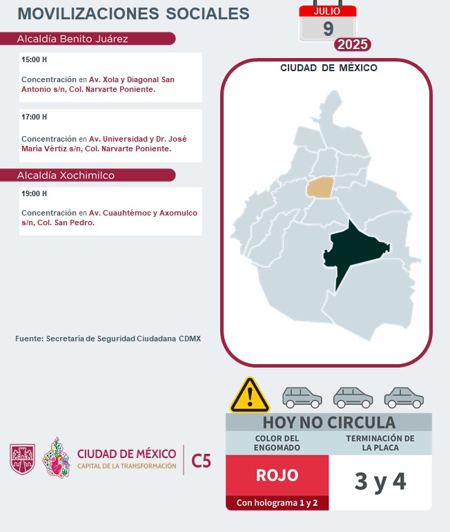C5_CDMX's tweet photo. ⚠🗓 #ENTÉRATE | Para hoy, 9 de julio 2025, estas son las movilizaciones sociales previstas en la Ciudad de México. 

#C5ConConfianza #MovilidadCDMX #C5OjosDeLaCDMX 👀 #C5CorazónDeLaCDMX https://t.co/j7tzm1tgqW