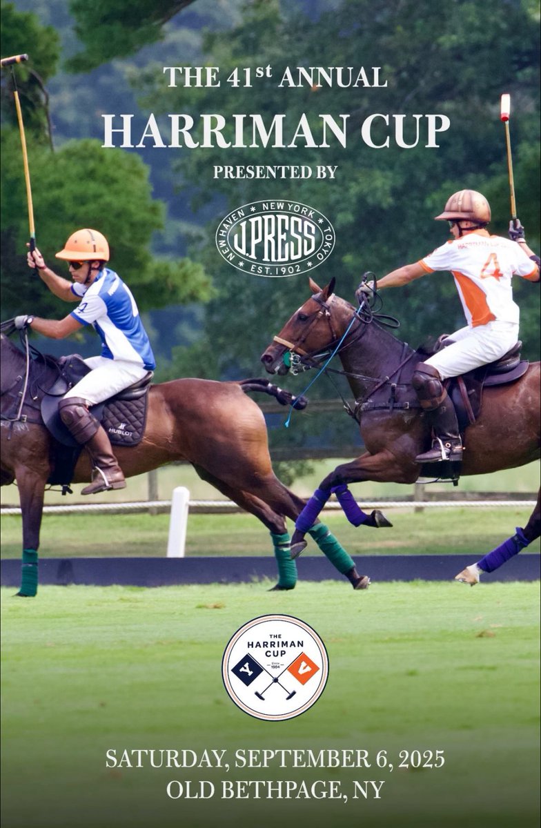 JPRESS_1902's tweet image. A SPECIAL ANNOUNCEMENT:
J. Press will be the official sponsor of The Harriman Cup — the annual polo match between Yale and the University of Virginia. This year’s match will be held on Saturday, September 6, 2025 at Bethpage Polo at the Park. We look forward to seeing you then!